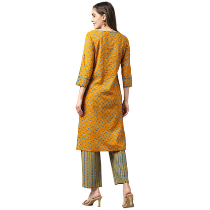 Cotton Mustard Print With Sequence Ethnic Suit Set