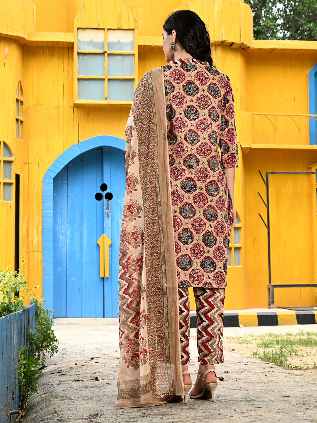 Ethnic Cotton Straight Kurta Pant Dupatta Set