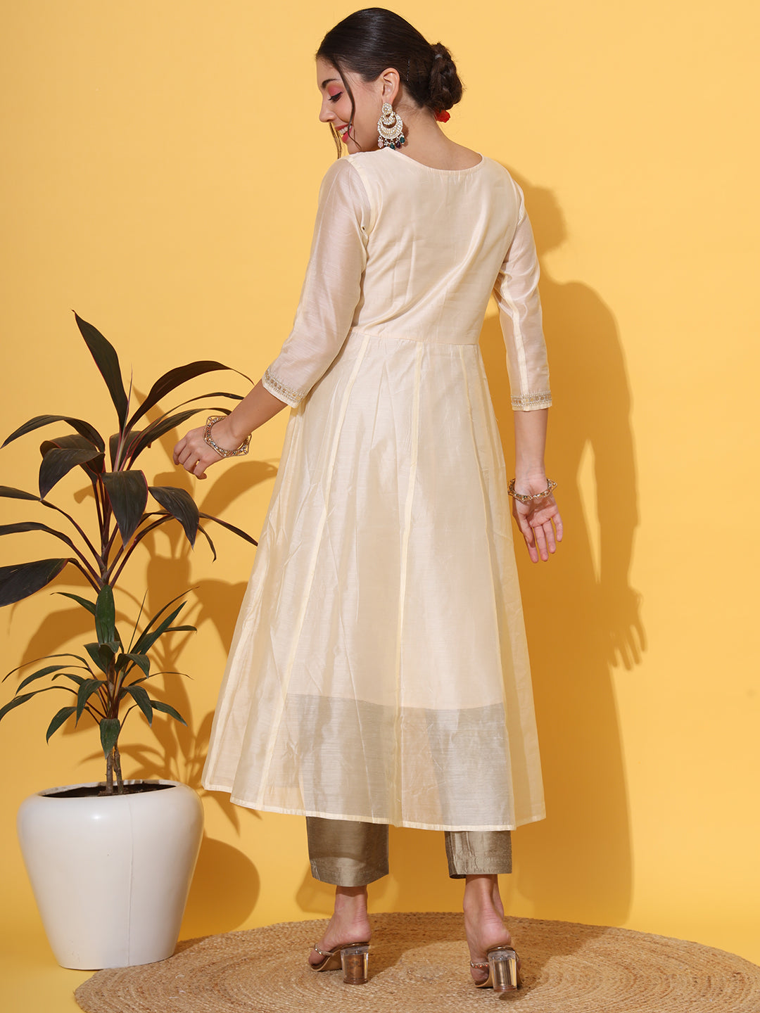 Cream Chanderi Anarkali Kurta