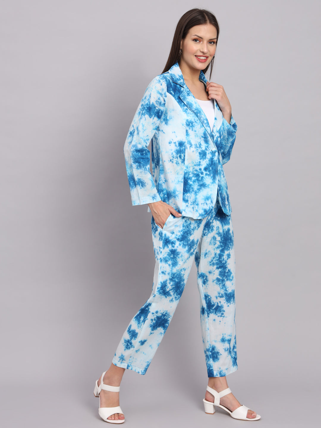 Blue Cotton Tai and Dye Print Blazer Set