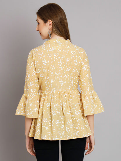 Cream Print Collared Button Top