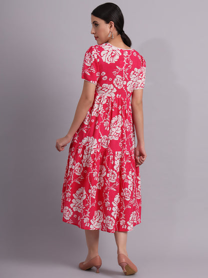 Floral Printed V-Neck Gathered Cotton Empire Midi Dress