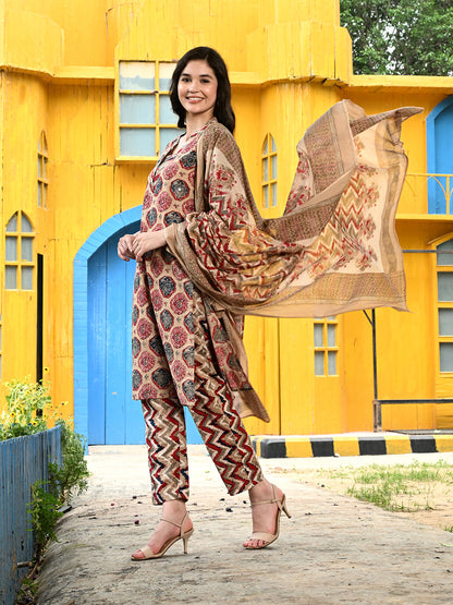 Ethnic Cotton Straight Kurta Pant Dupatta Set