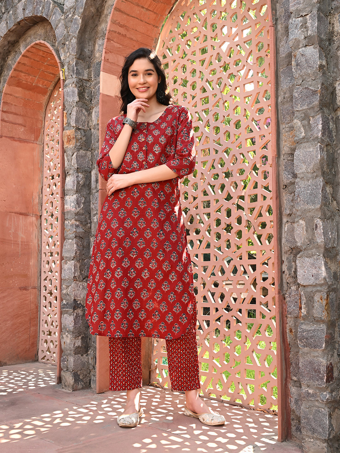 Maroon Embroidered A-line Kurta Pant Set