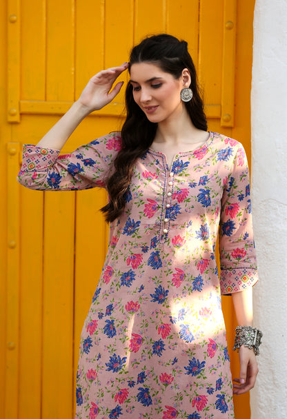 Candy Pink Floral Kurta Pant Set