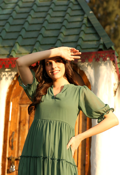 Green Georgette Flared Dress