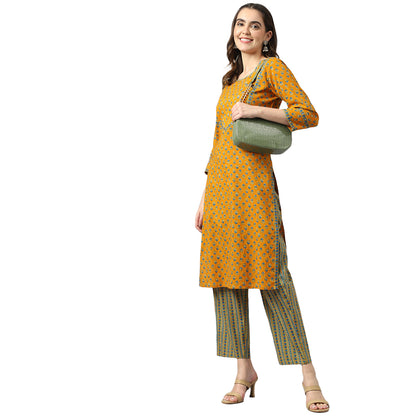 Cotton Mustard Print With Sequence Ethnic Suit Set