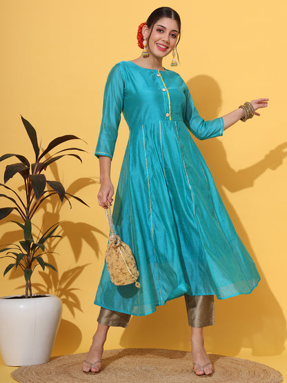 Turquoise Chanderi Anarkali Kurta