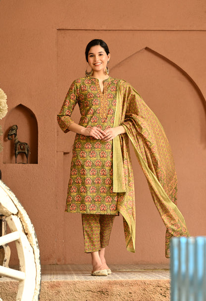 Green Floral Cotton Straight Kurta Pant Dupatta Set