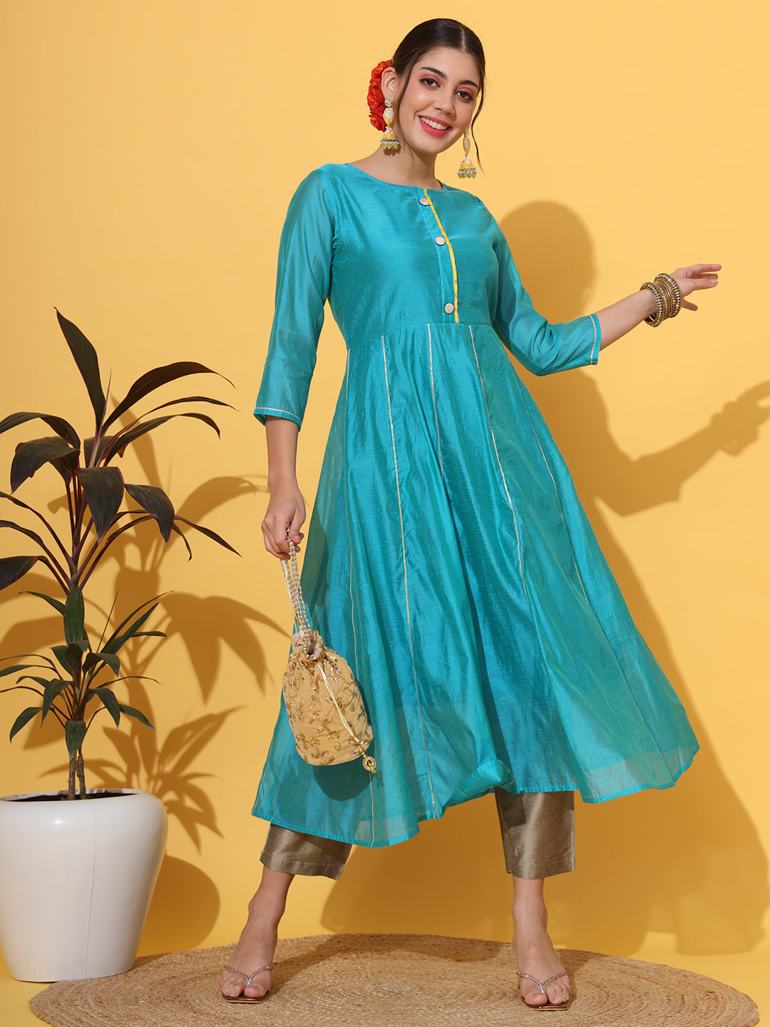 Turquoise Anarkali Gotta Chanderi Kurta Pant Set