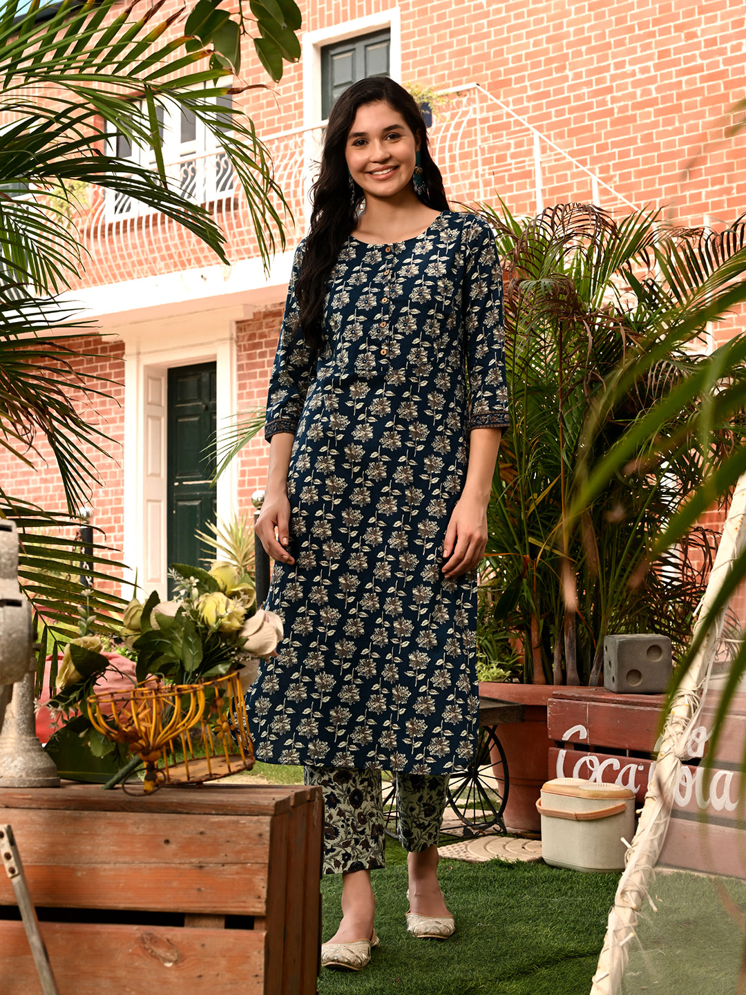 Blue Embroidered A-line Kurta Pant Set