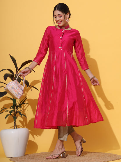 Magenta Anarkali Gotta Chanderi Kurta Pant Set