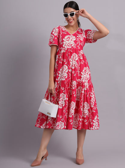 Floral Printed V-Neck Gathered Cotton Empire Midi Dress