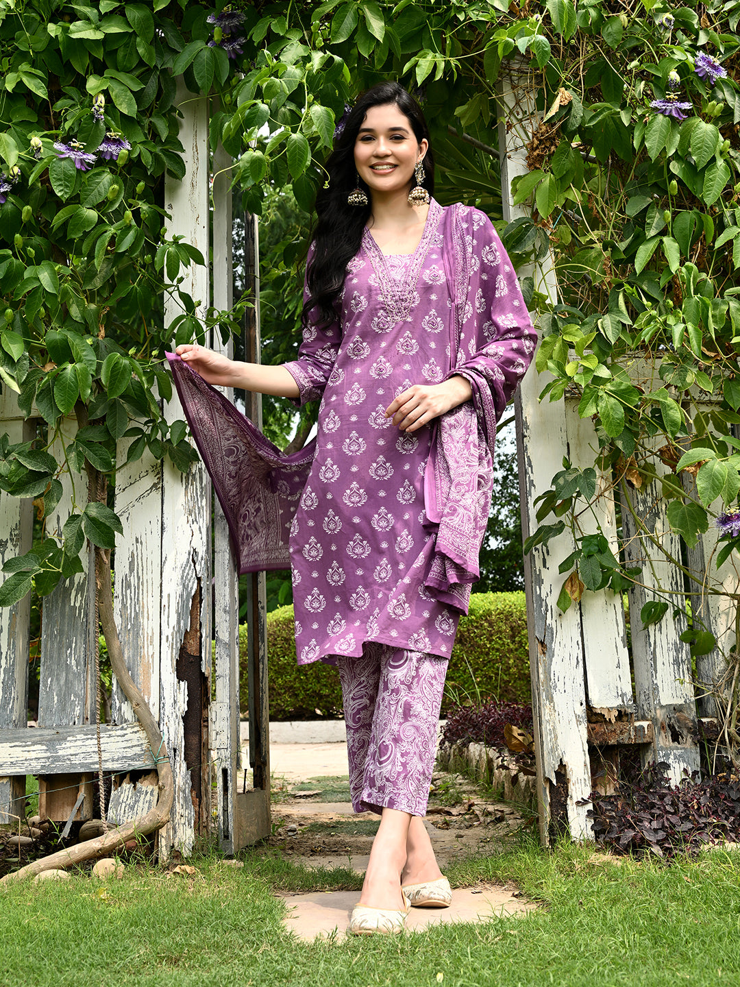 Purple Embroidered Kurta pant Dupatta Set