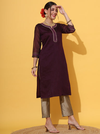 Wine Chanderi Straight Kurta Pant Set