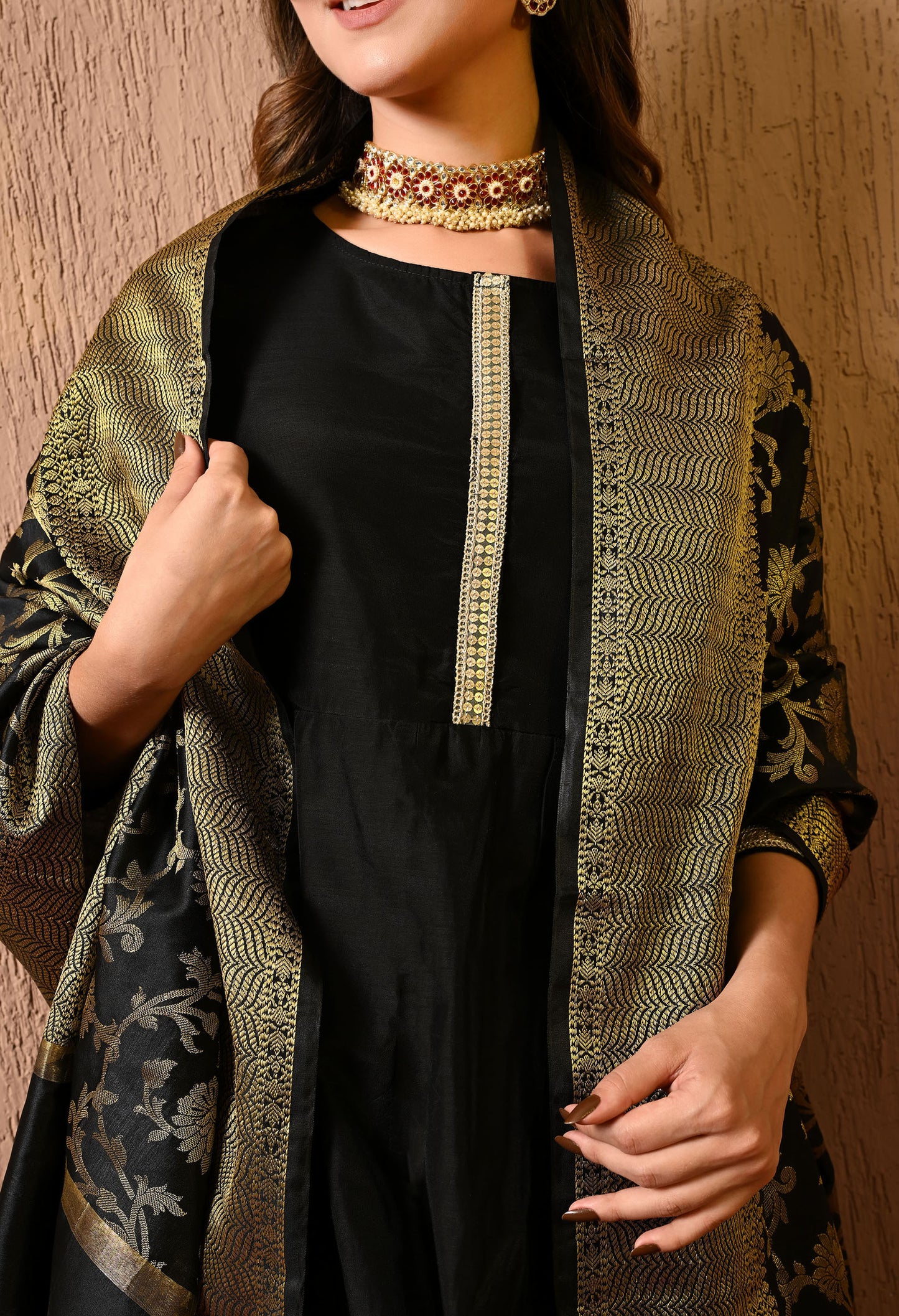 Black Chanderi Kurta Pant Dupatta Set
