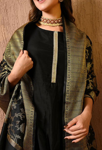 Black Chanderi Kurta Pant Dupatta Set