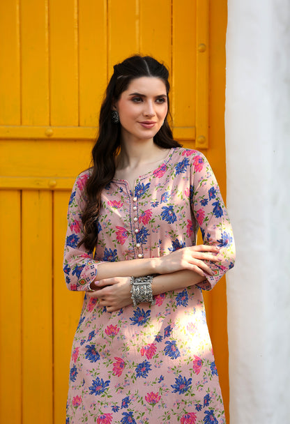 Candy Pink Floral Kurta Pant Set