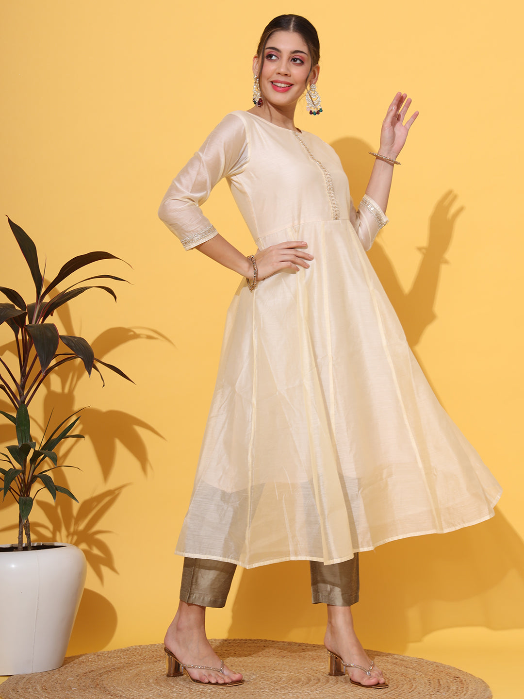 Cream Chanderi Anarkali Kurta