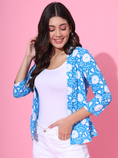 Aqua Floral Cotton Open Shrug