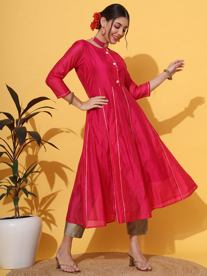 Magenta Anarkali Gotta Chanderi Kurta Pant Set