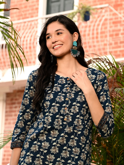 Blue Embroidered A-line Kurta Pant Set