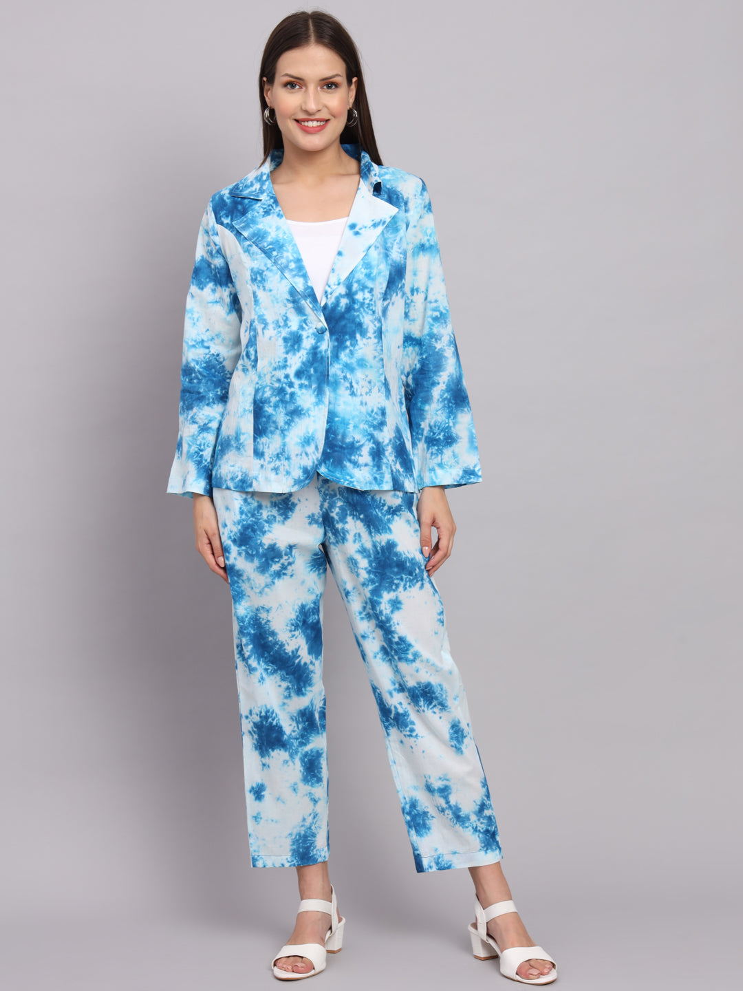 Blue Cotton Tai and Dye Print Blazer Set