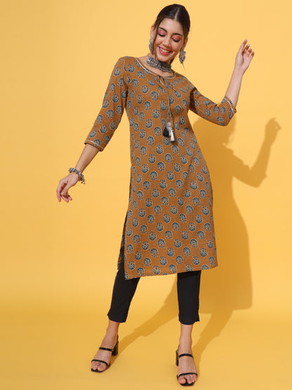 Mustard Motif Kantha Kurta