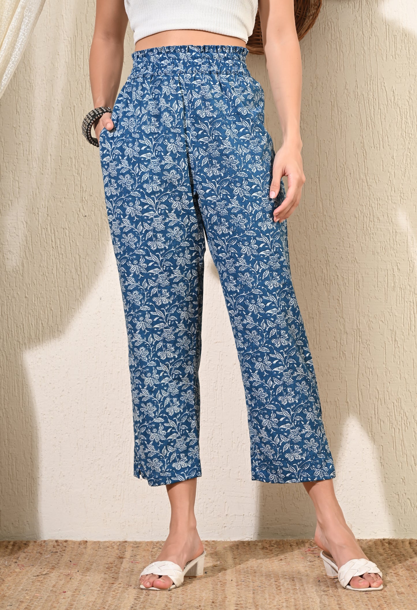 Blue Cotton Ankle Pants