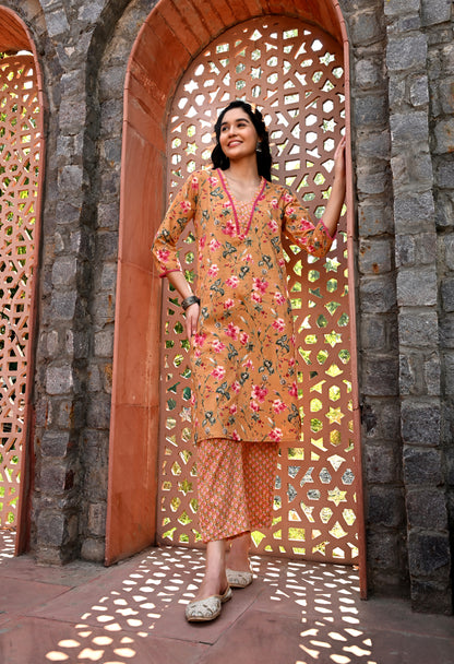 Yellow Cotton Straight Kurta Pant Set