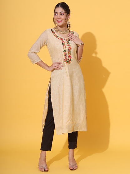 Cream Embroidered Chanderi Kurta