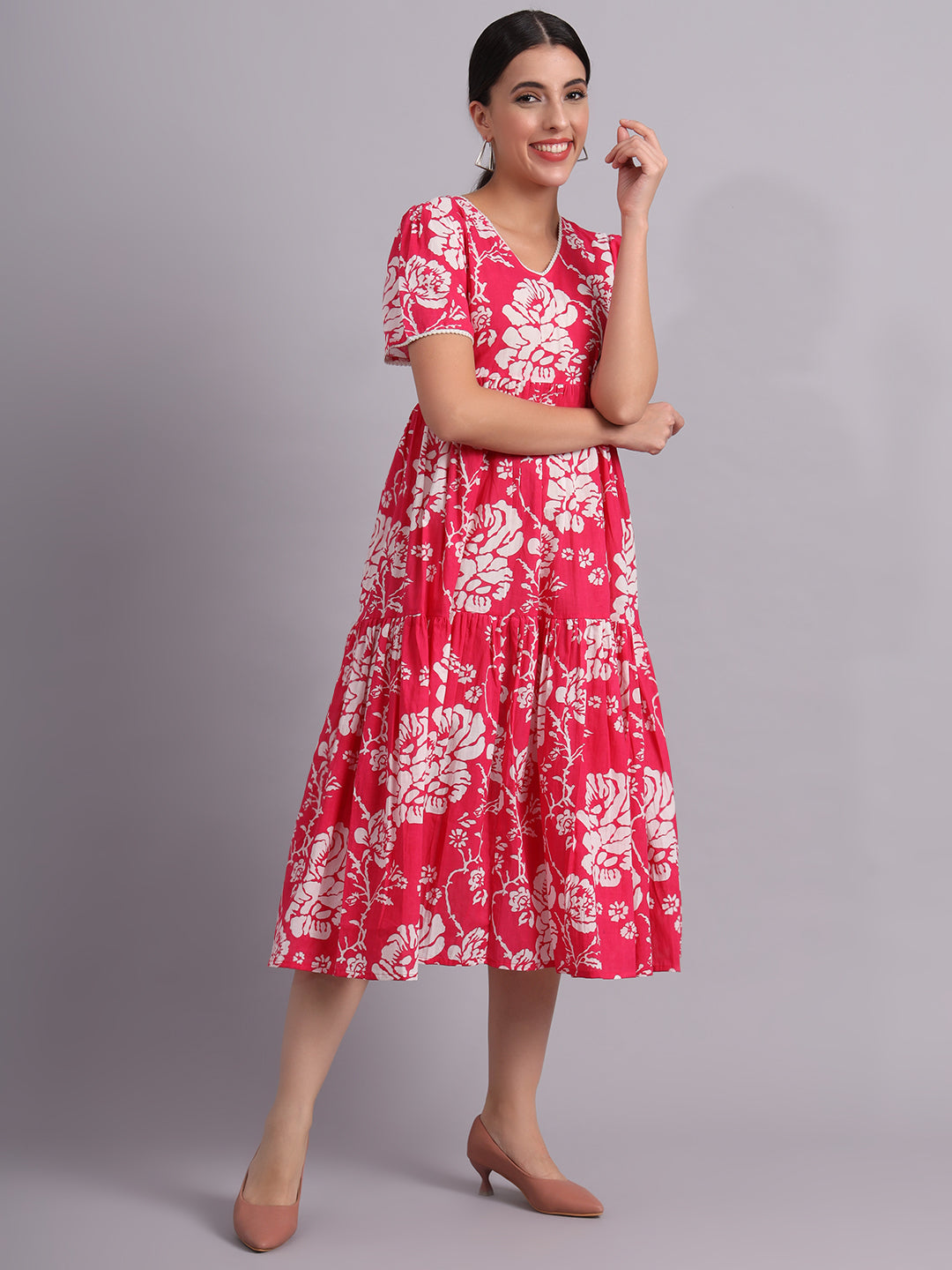 Floral Printed V-Neck Gathered Cotton Empire Midi Dress