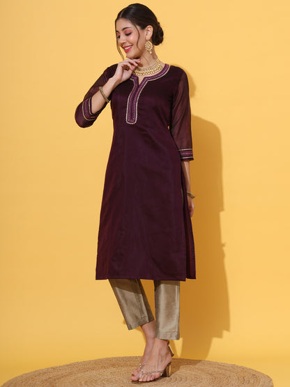 Wine Chanderi Straight Kurta Pant Set