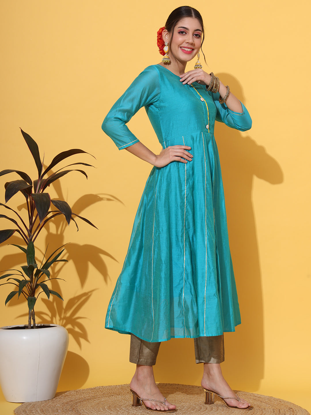 Turquoise Chanderi Anarkali Kurta