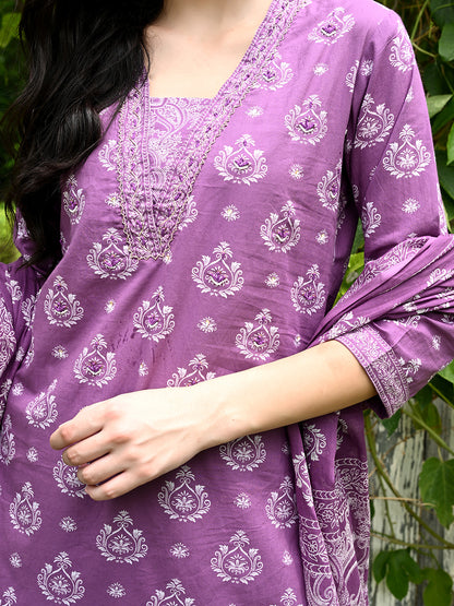 Purple Embroidered Kurta pant Dupatta Set