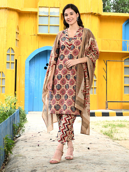 Ethnic Cotton Straight Kurta Pant Dupatta Set