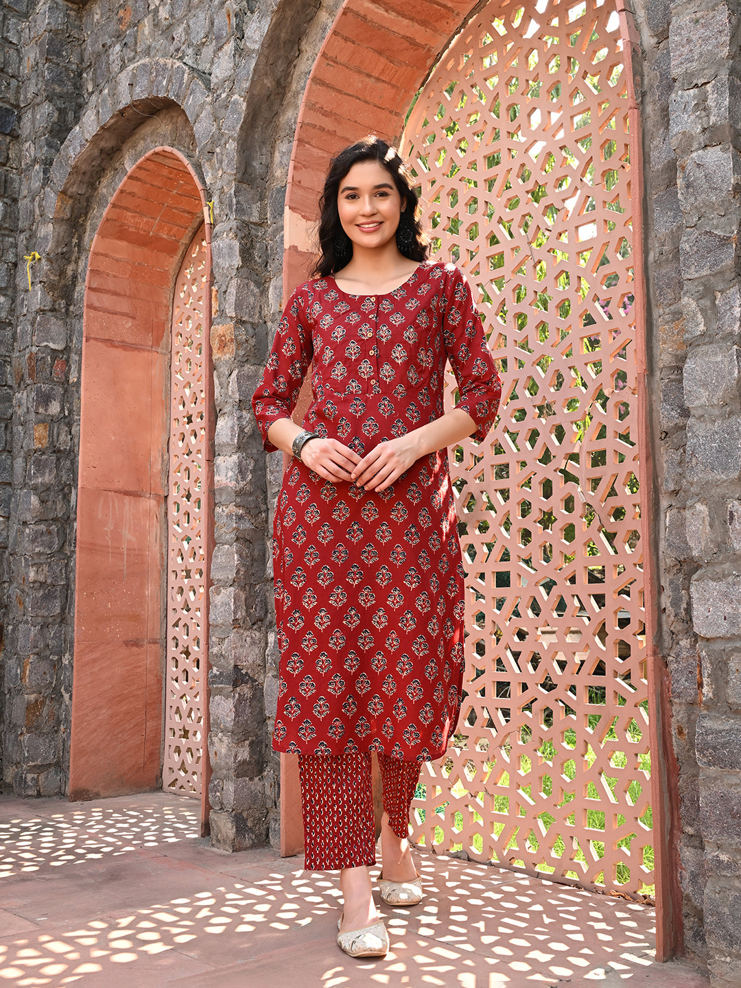 Maroon Embroidered A-line Kurta Pant Set