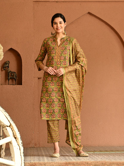 Green Floral Cotton Straight Kurta Pant Dupatta Set