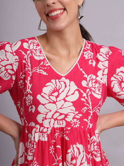 Floral Printed V-Neck Gathered Cotton Empire Midi Dress