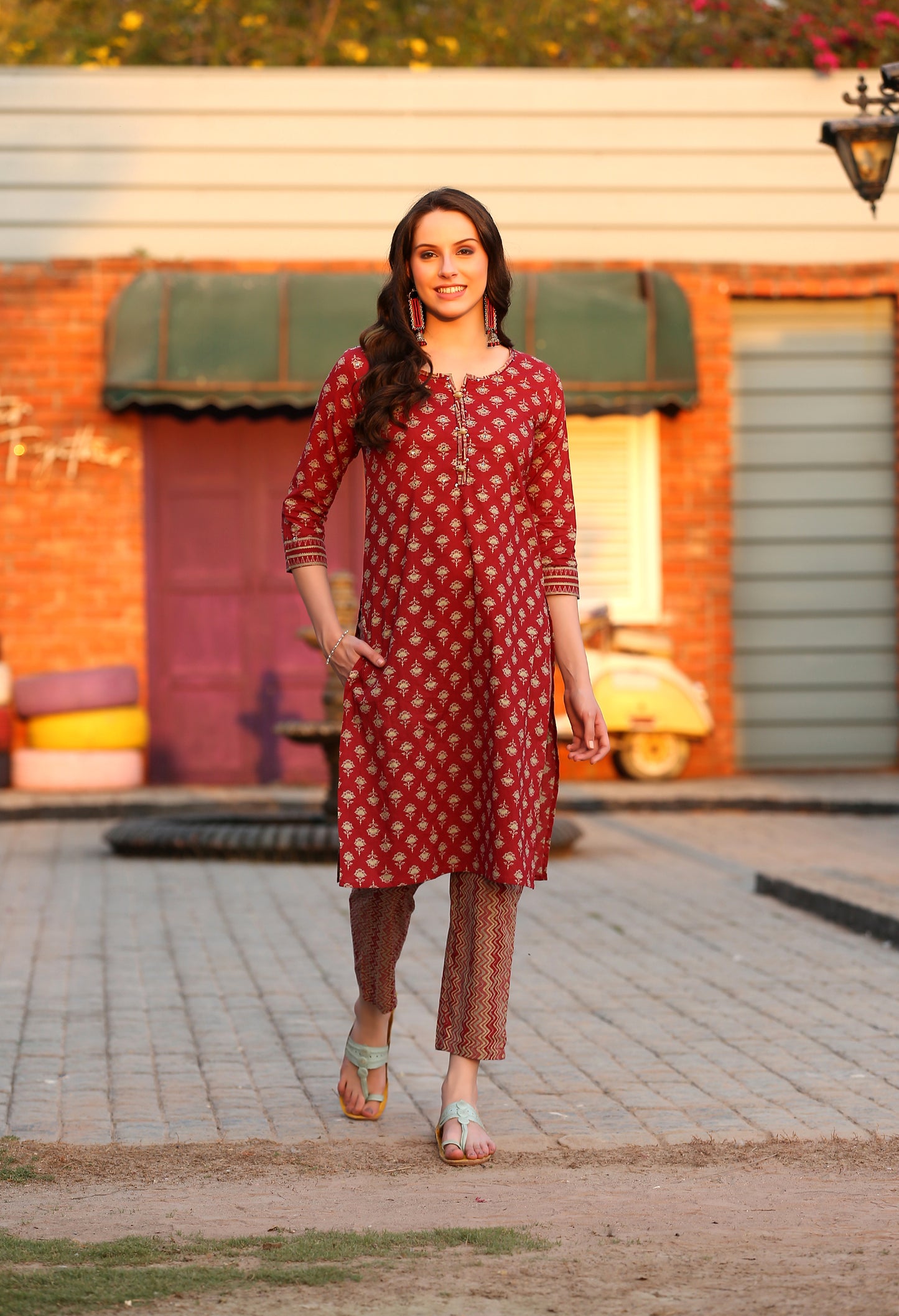 Rust Red Block Kurta Pant Set