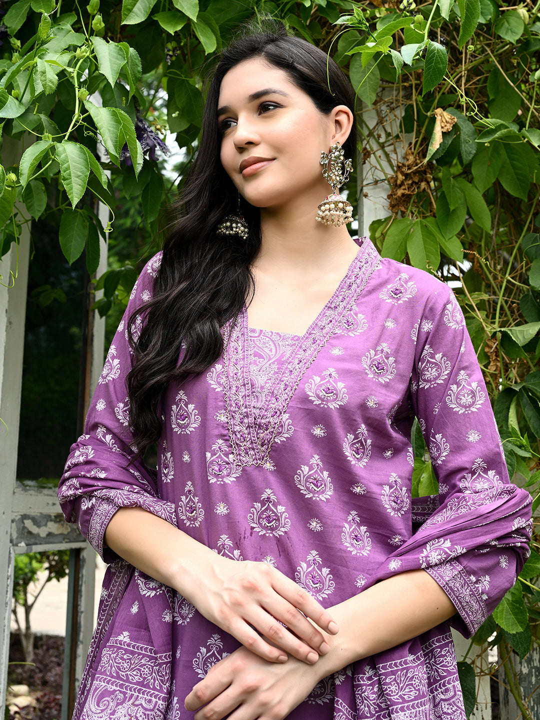 Purple Embroidered Kurta pant Dupatta Set