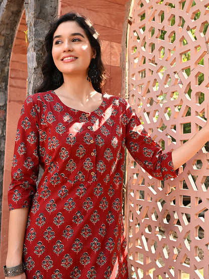 Maroon Embroidered A-line Kurta Pant Set