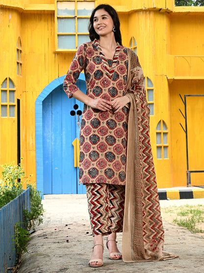 Ethnic Cotton Straight Kurta Pant Dupatta Set