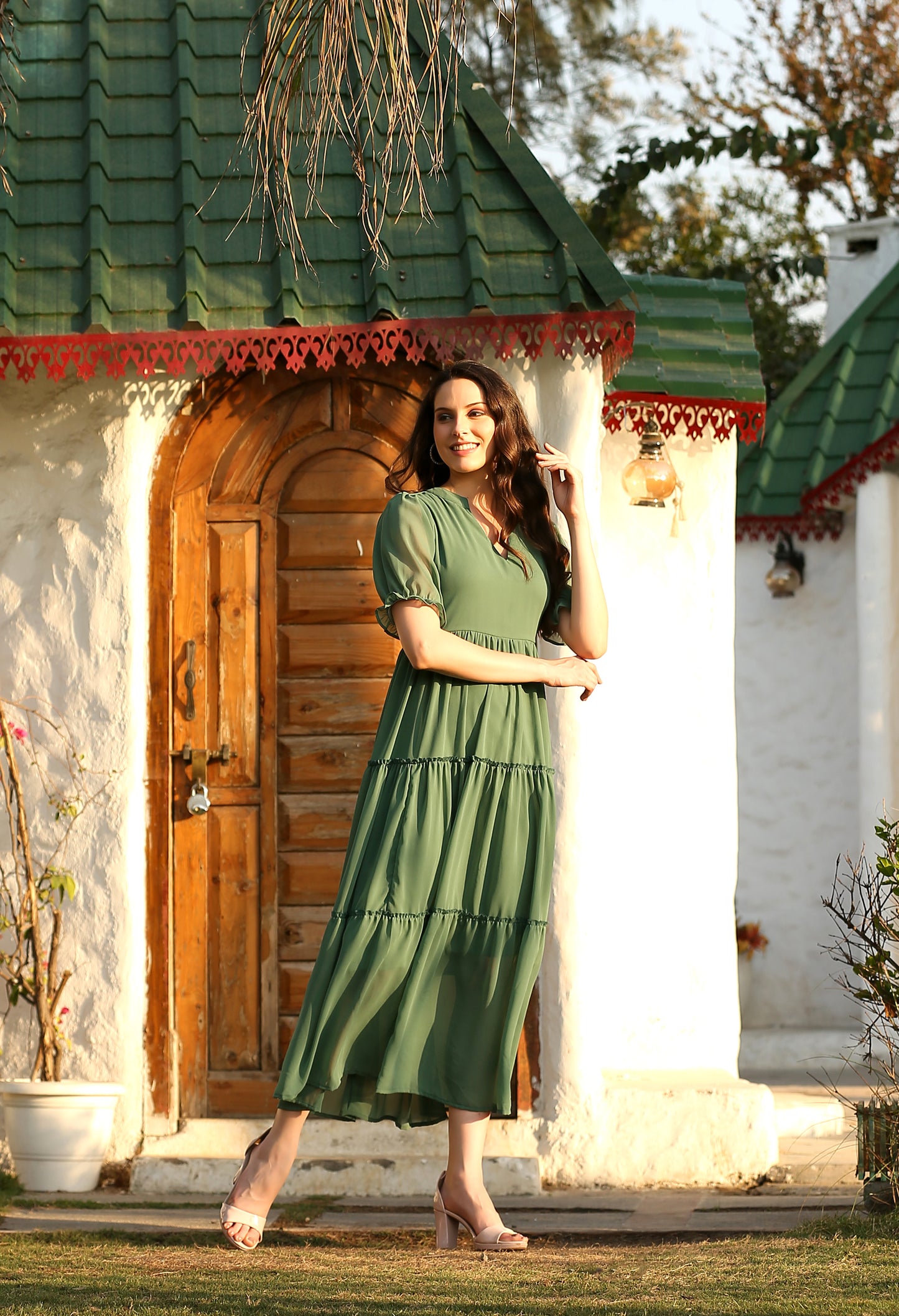 Green Georgette Flared Dress