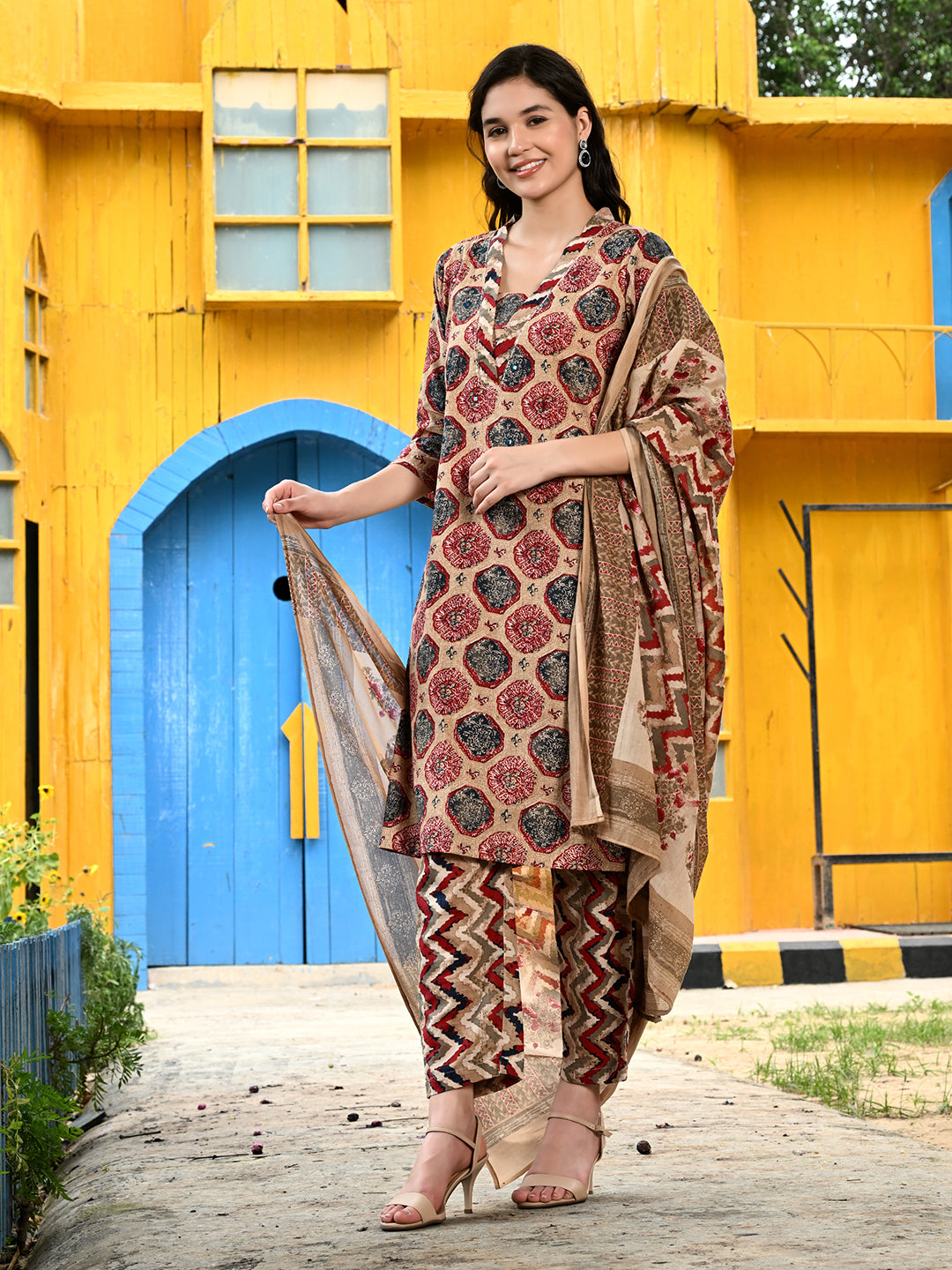 Ethnic Cotton Straight Kurta Pant Dupatta Set