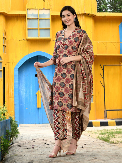 Ethnic Cotton Straight Kurta Pant Dupatta Set