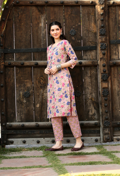 Candy Pink Floral Kurta Pant Set