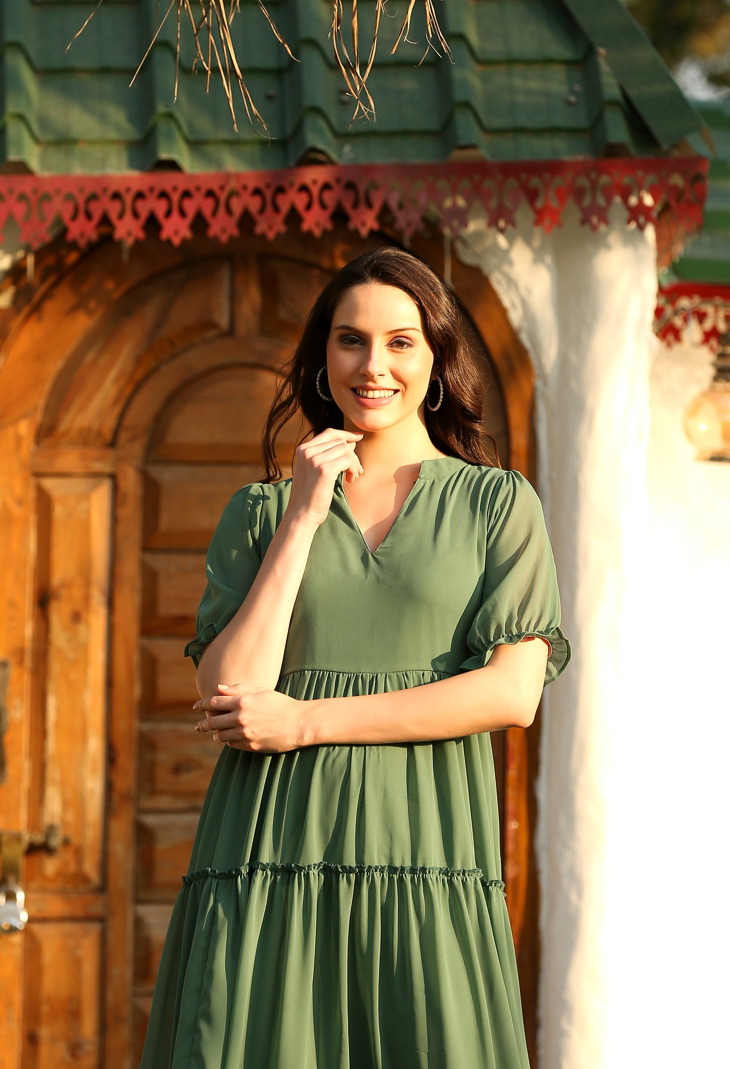 Green Georgette Flared Dress