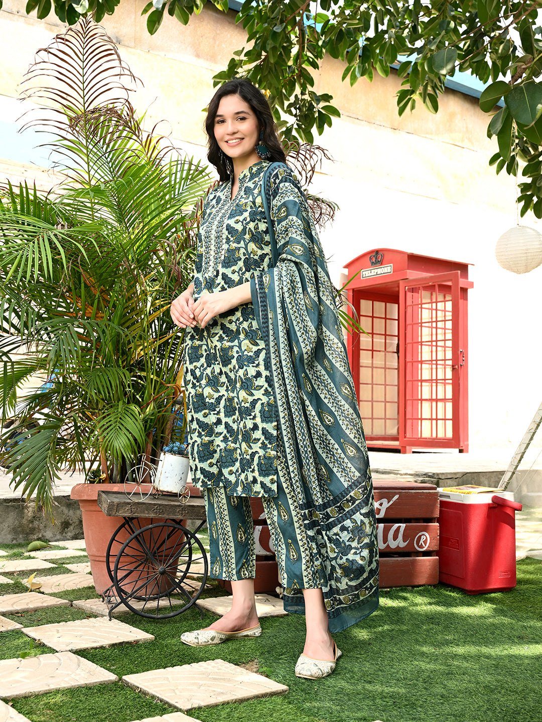 Green Ajrak Cotton Straight Kurta Pant Dupatta Set