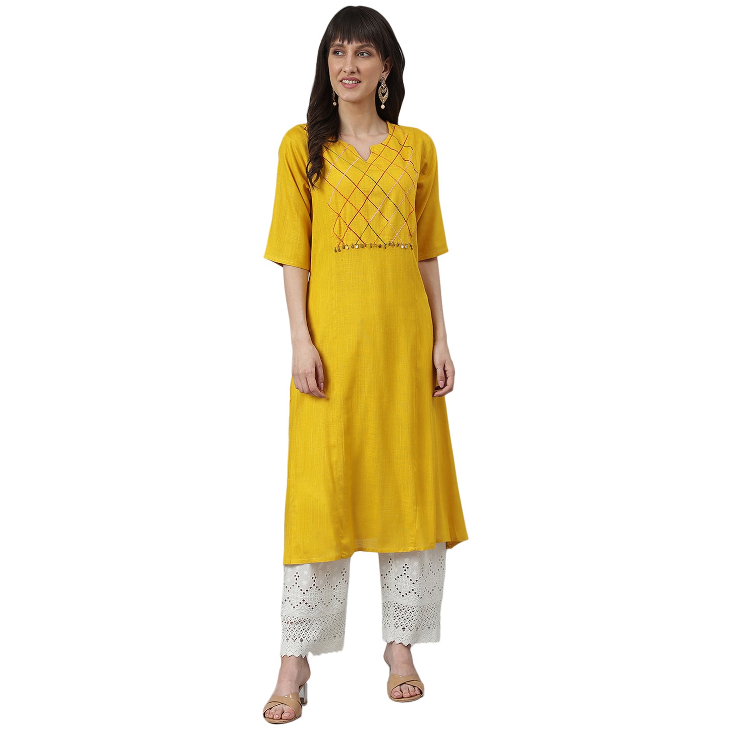 Mustard A-Line Embroidery Kurta